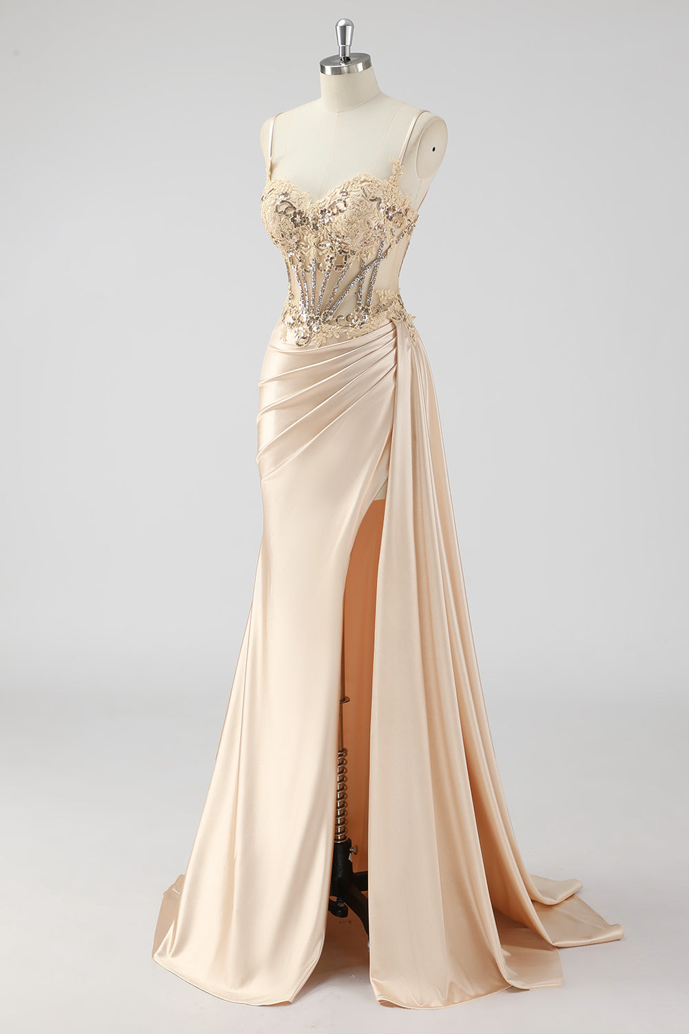 Grünes Meerjungfrauen Plissee Langes Korsett Satin Ballkleid mit Schlitz