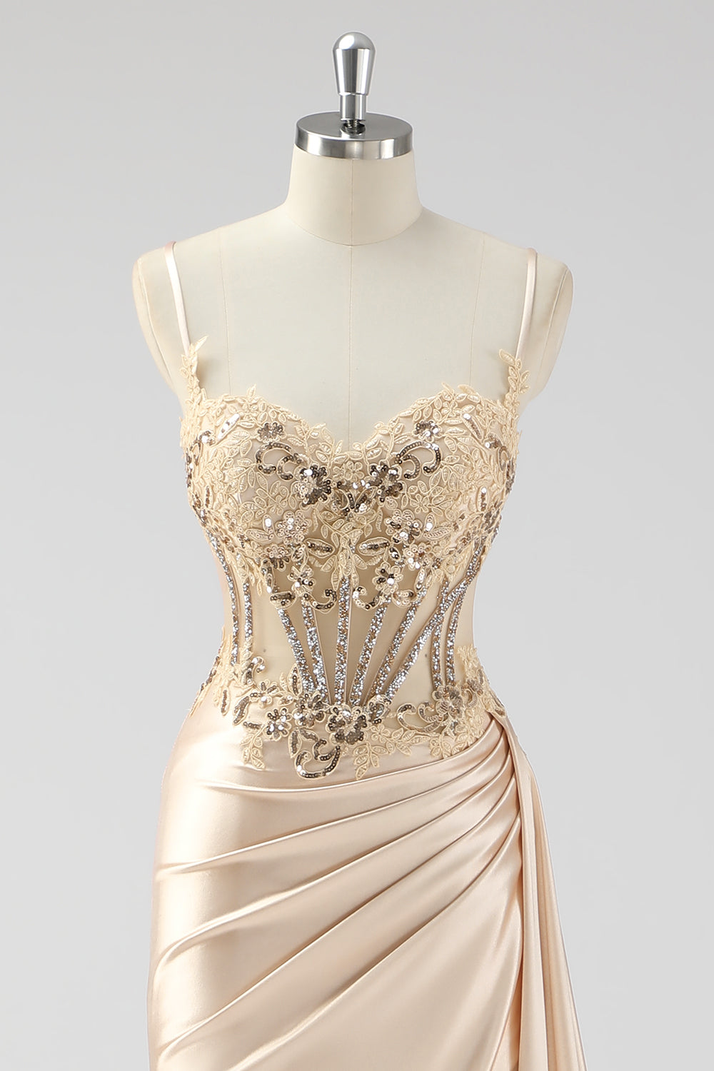 Grünes Meerjungfrauen Plissee Langes Korsett Satin Ballkleid mit Schlitz