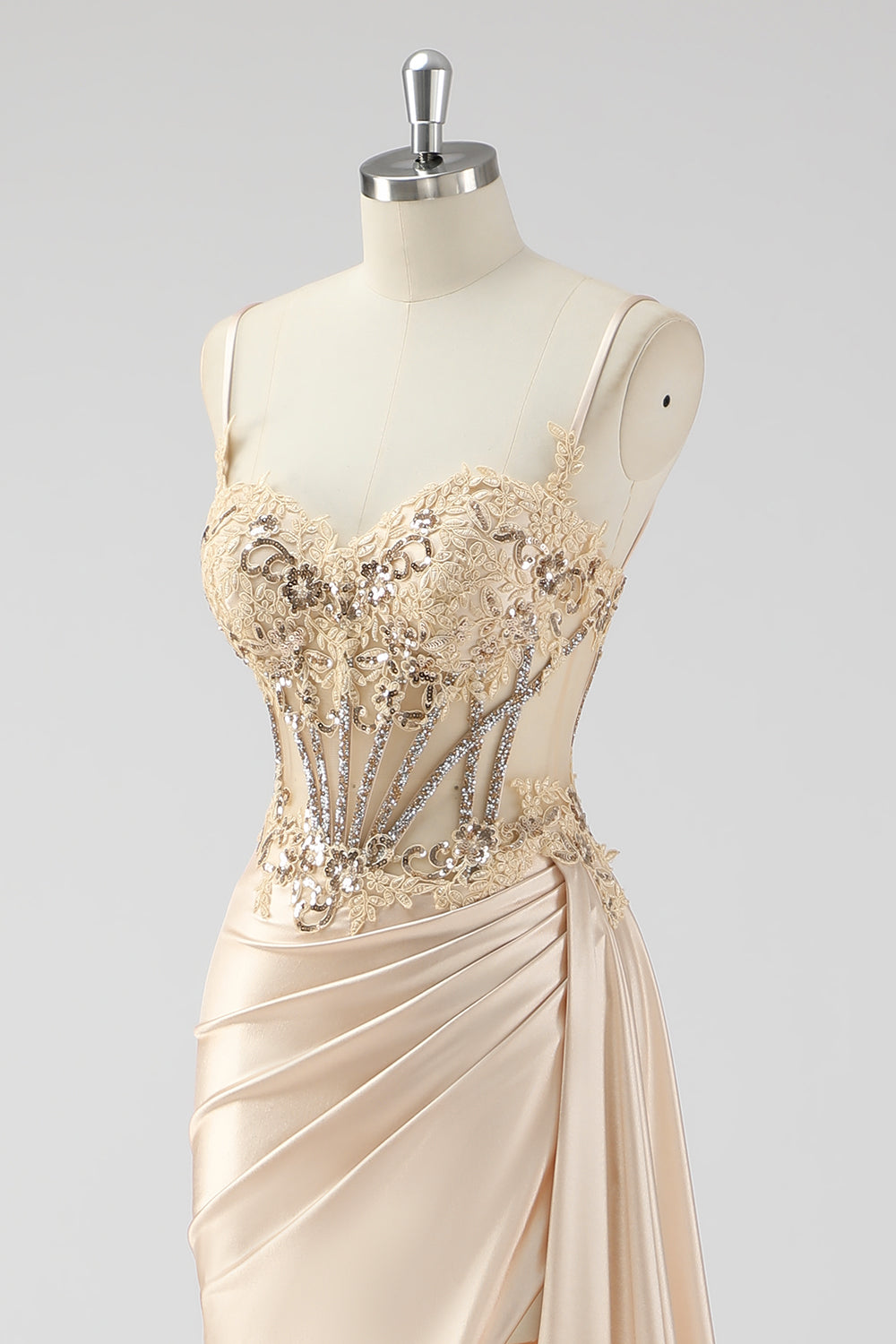 Grünes Meerjungfrauen Plissee Langes Korsett Satin Ballkleid mit Schlitz