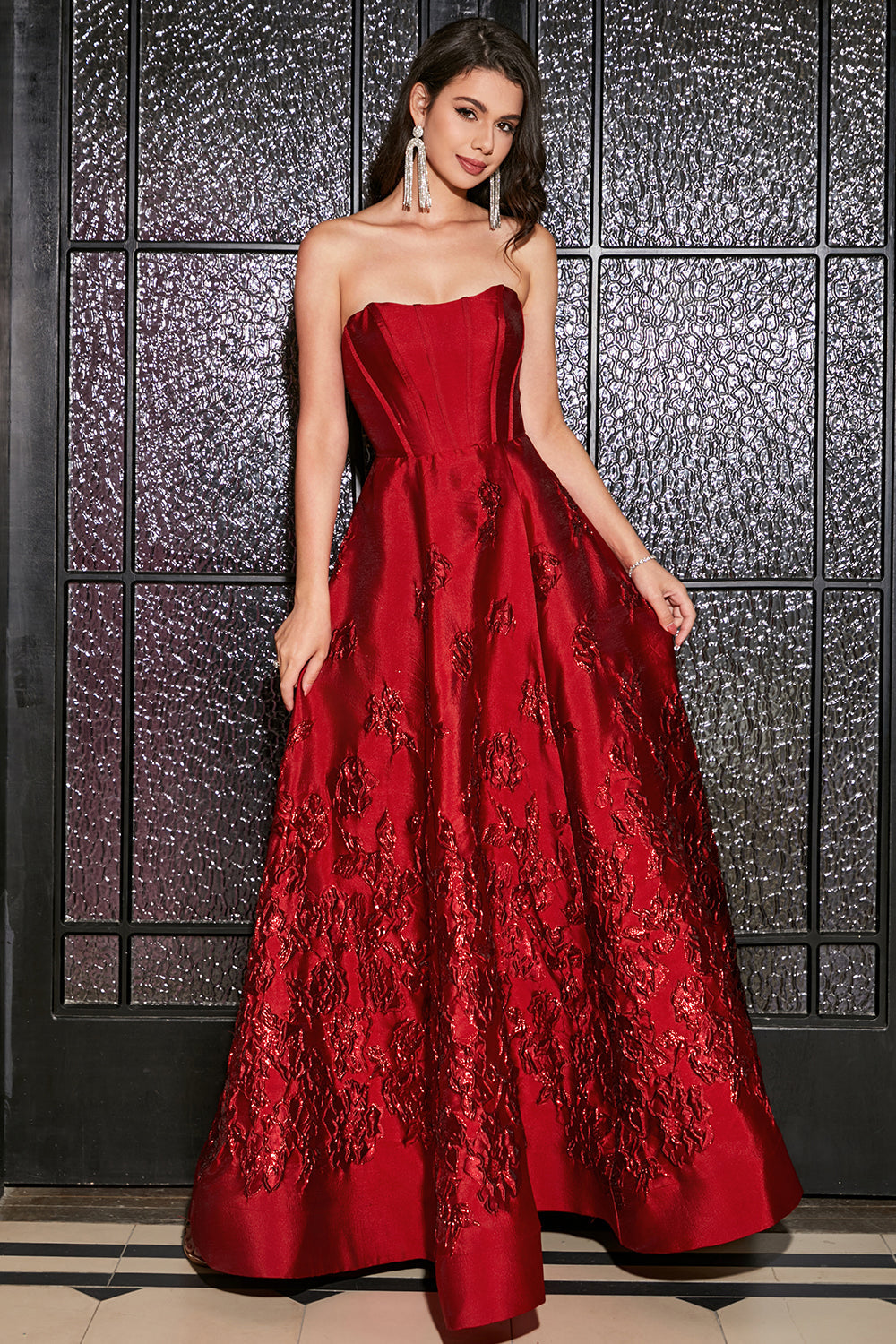 A-Linie Elegantes trägerloses dunkelrotes langes Ballkleid mit 3D-Blumen
