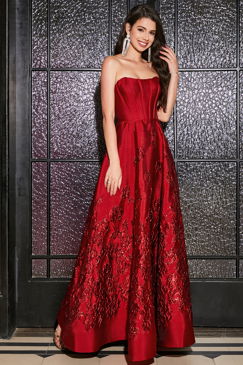 A-Linie Elegantes trägerloses dunkelrotes langes Ballkleid mit 3D-Blumen