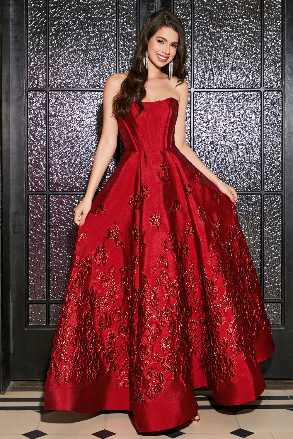 A-Linie Elegantes trägerloses dunkelrotes langes Ballkleid mit 3D-Blumen