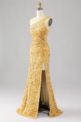 Meerjungfrau Pailletten Goldenes Ballkleid mit einer Schulter und Schlitz