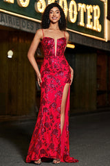 Meerjungfrauen Spaghettiträger Dunkelrotes Korsett Ballkleid mit Schlitz