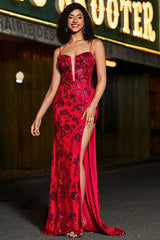 Meerjungfrauen Spaghettiträger Dunkelrotes Korsett Ballkleid mit Schlitz