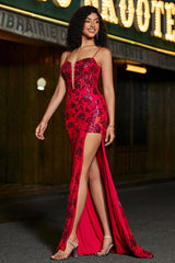 Meerjungfrauen Spaghettiträger Dunkelrotes Korsett Ballkleid mit Schlitz