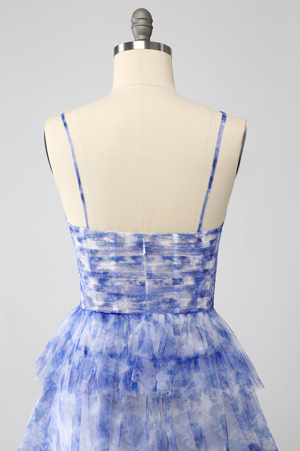 Blau bedrucktes A-Linie gestuftes langes Ballkleid mit Aushöhlung