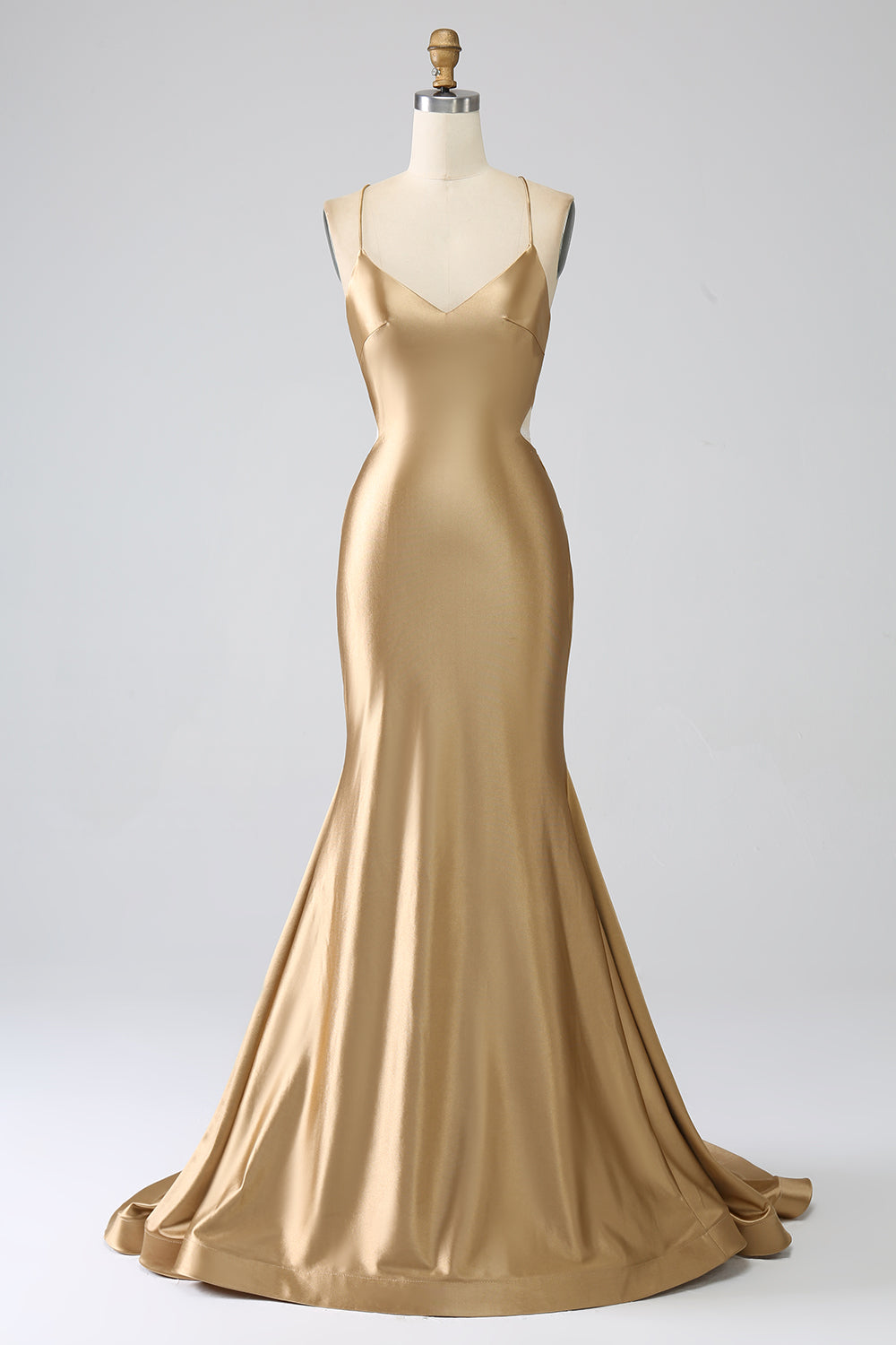 Goldenes Meerjungfrauen Spaghettiträger Satin Ballkleid mit Schnürung