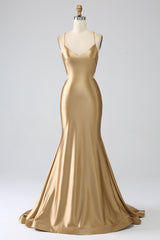 Goldenes Meerjungfrauen Spaghettiträger Satin Ballkleid mit Schnürung