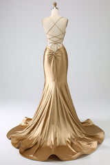 Goldenes Meerjungfrauen Spaghettiträger Satin Ballkleid mit Schnürung