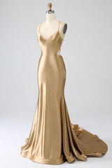 Goldenes Meerjungfrauen Spaghettiträger Satin Ballkleid mit Schnürung