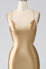 Goldenes Meerjungfrauen Spaghettiträger Satin Ballkleid mit Schnürung