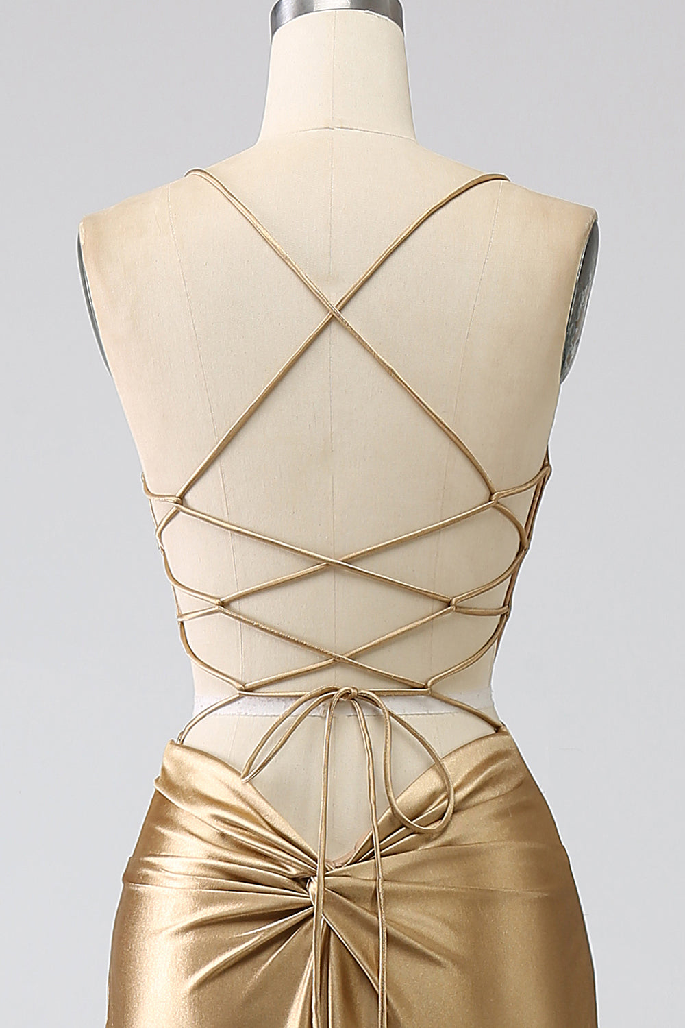 Goldenes Meerjungfrauen Spaghettiträger Satin Ballkleid mit Schnürung