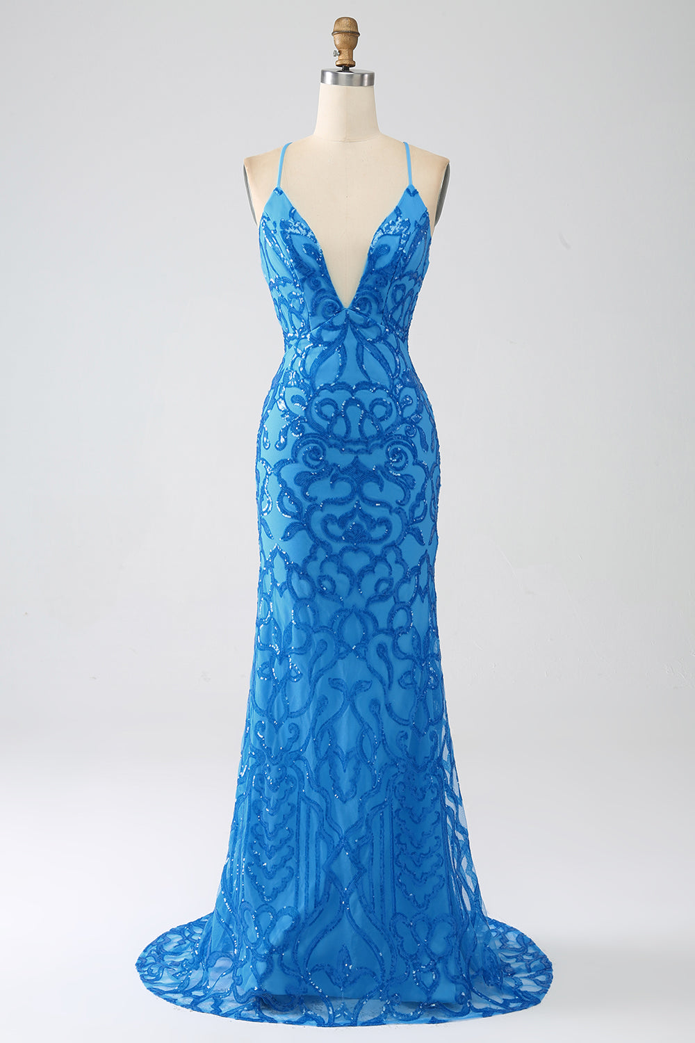 Blues Mermaid Spaghetti-Träger Langes Ballkleid mit Pailletten