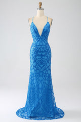 Blues Mermaid Spaghetti-Träger Langes Ballkleid mit Pailletten