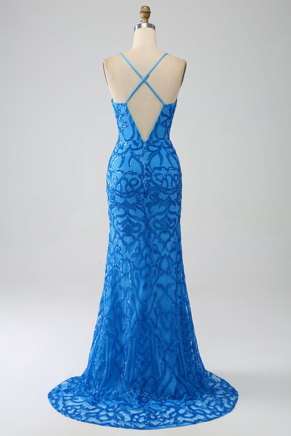 Blues Mermaid Spaghetti-Träger Langes Ballkleid mit Pailletten