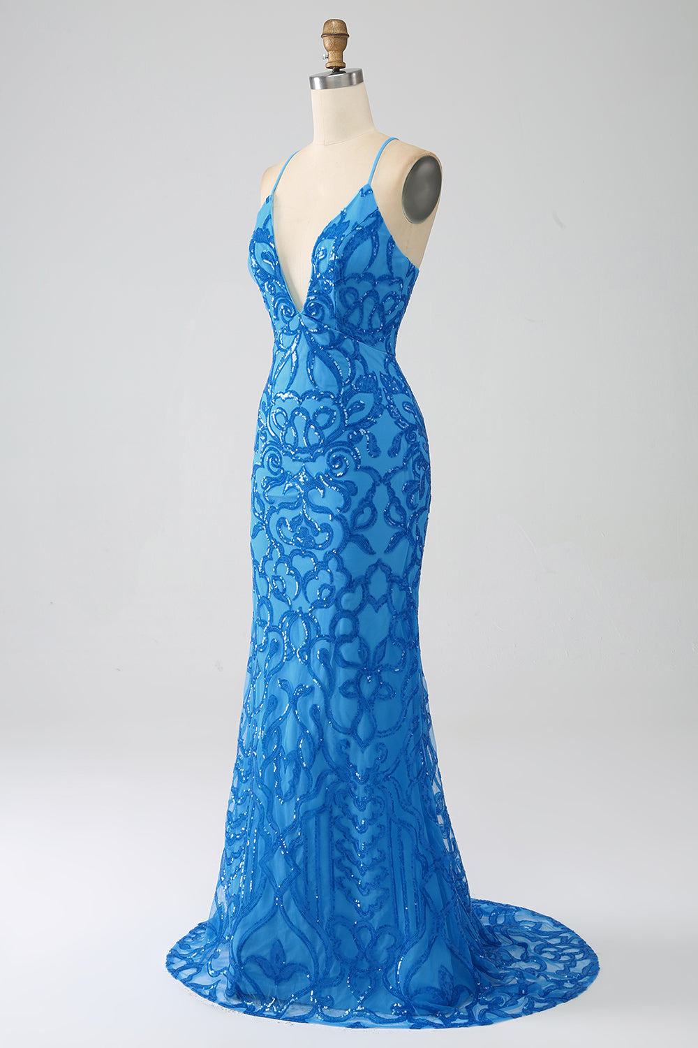 Blues Mermaid Spaghetti-Träger Langes Ballkleid mit Pailletten