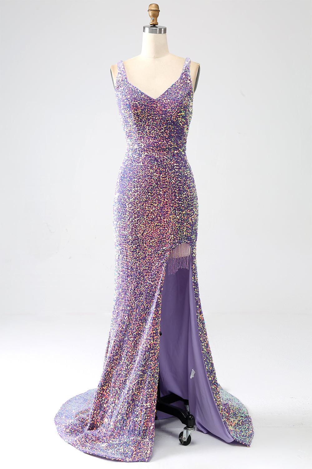 Funkelndes Mermaid Helllila Pailletten Ballkleid mit Schlitz
