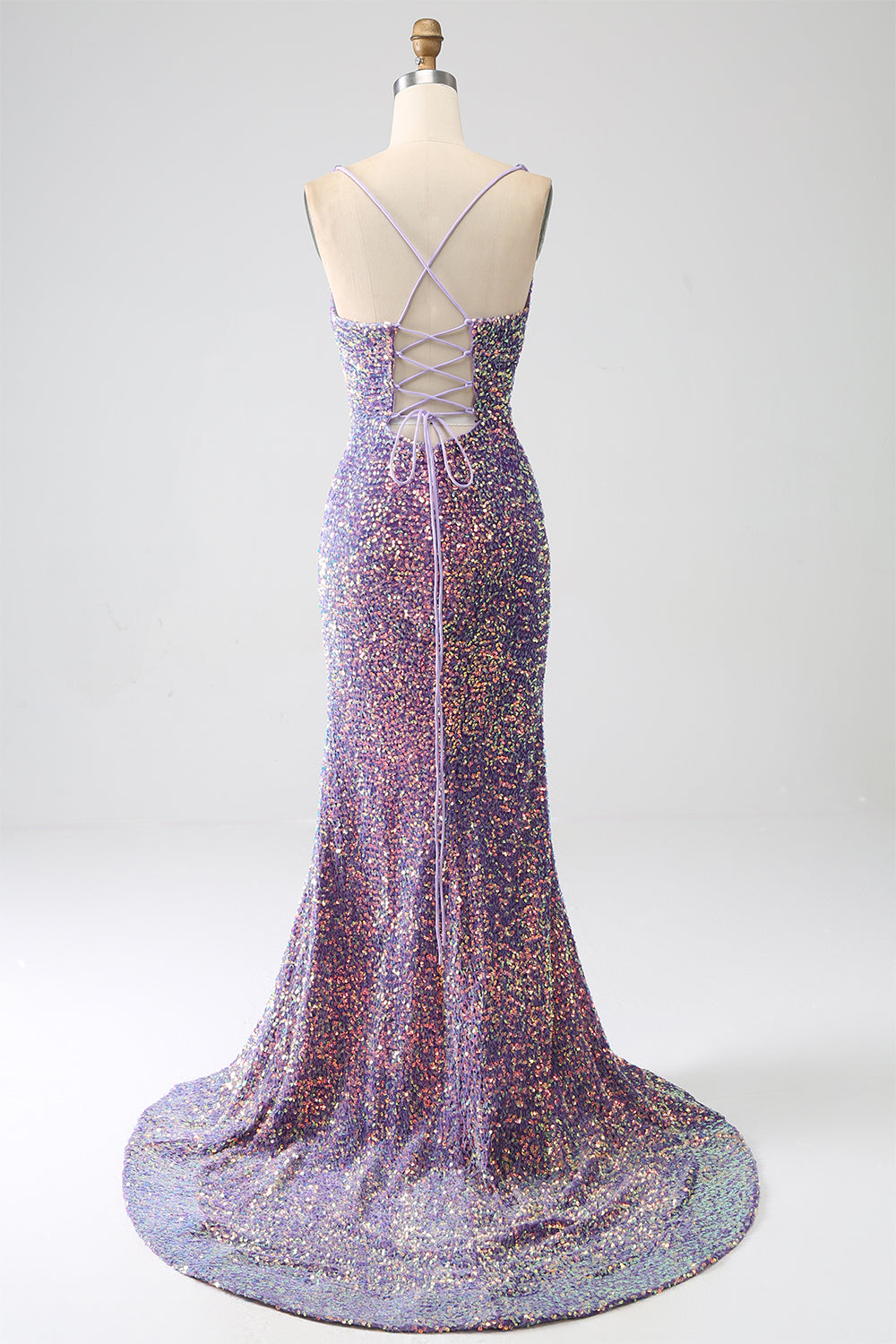 Funkelndes Mermaid Helllila Pailletten Ballkleid mit Schlitz