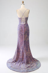 Funkelndes Mermaid Helllila Pailletten Ballkleid mit Schlitz