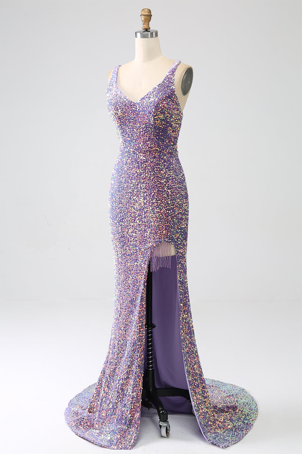 Funkelndes Mermaid Helllila Pailletten Ballkleid mit Schlitz