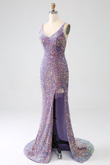 Funkelndes Mermaid Helllila Pailletten Ballkleid mit Schlitz