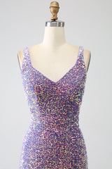 Funkelndes Mermaid Helllila Pailletten Ballkleid mit Schlitz