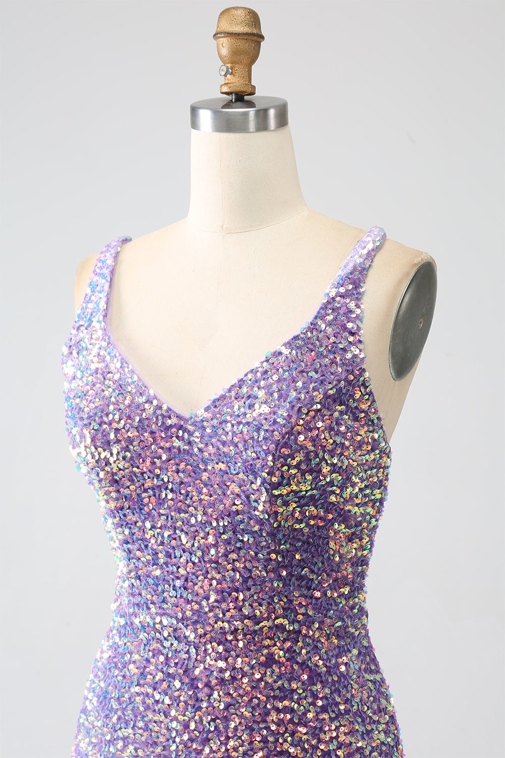 Funkelndes Mermaid Helllila Pailletten Ballkleid mit Schlitz