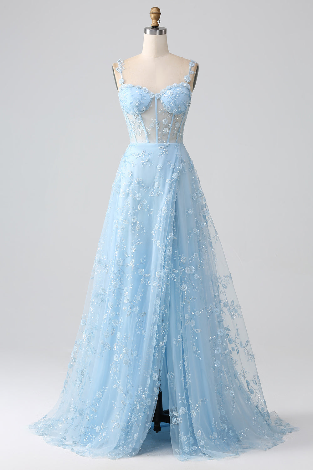 A-Linie V-Ausschnitt Spaghettiträger Pailletten Korsett Ballkleid mit Schlitz Blush