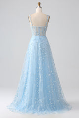 Funkelndes Blaues A Linie Spaghettiträger Pailletten Korsett Ballkleid mit Schlitz