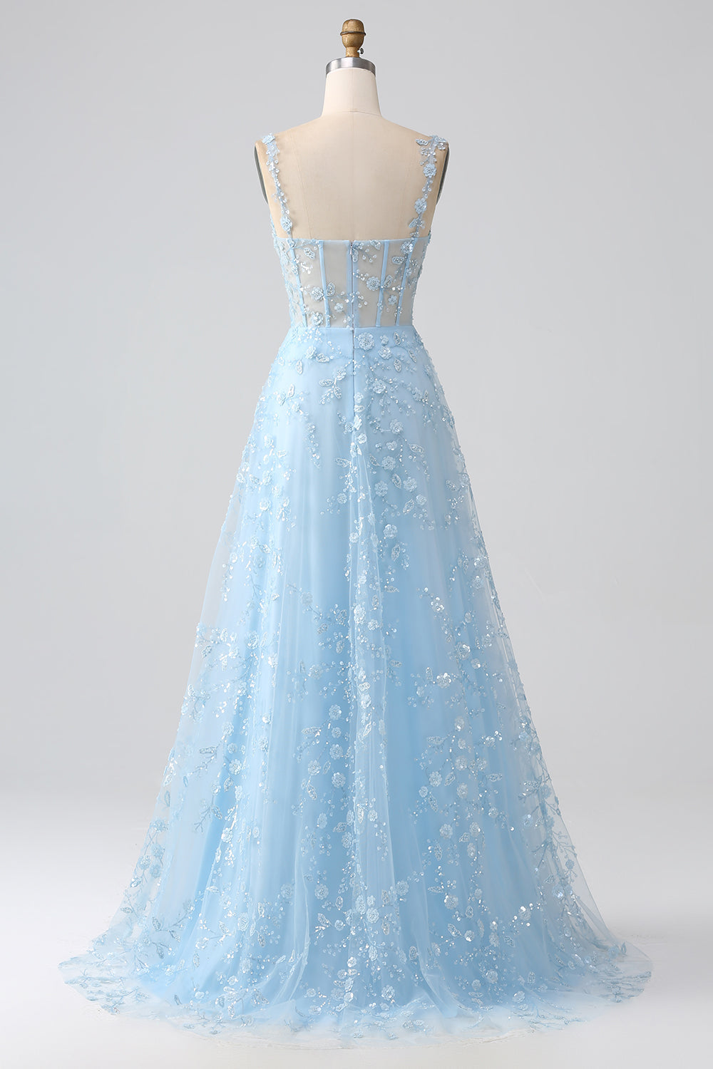A-Linie V-Ausschnitt Spaghettiträger Pailletten Korsett Ballkleid mit Schlitz Blush