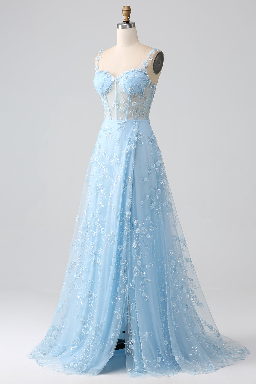 A-Linie V-Ausschnitt Spaghettiträger Pailletten Korsett Ballkleid mit Schlitz Blush