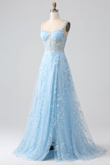 Funkelndes Blaues A Linie Spaghettiträger Pailletten Korsett Ballkleid mit Schlitz