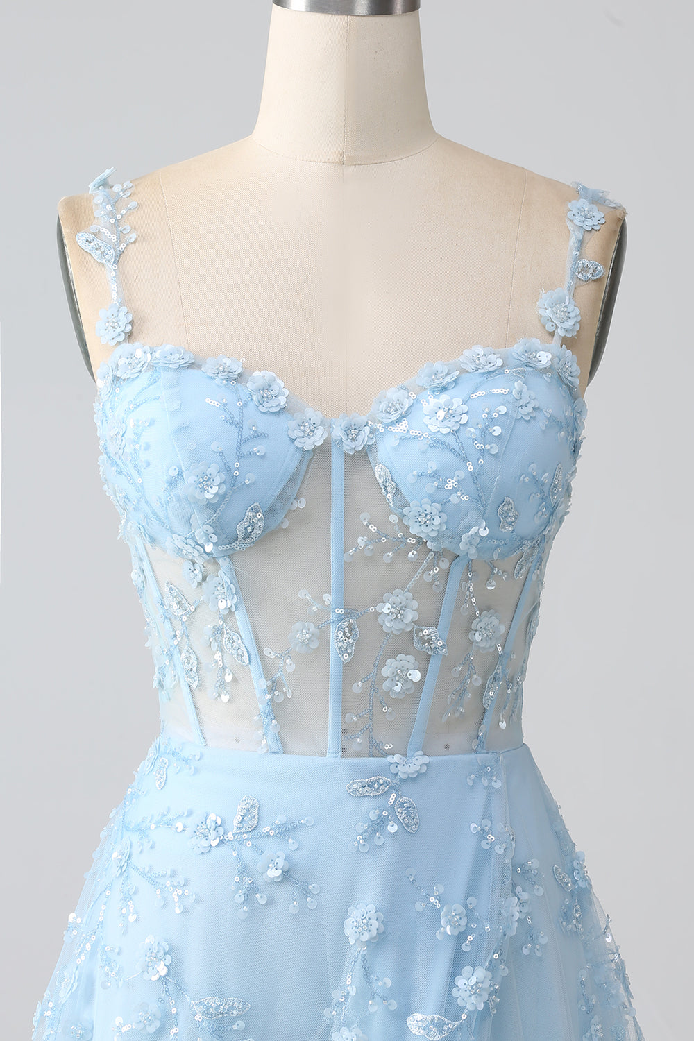 A-Linie V-Ausschnitt Spaghettiträger Pailletten Korsett Ballkleid mit Schlitz Blush
