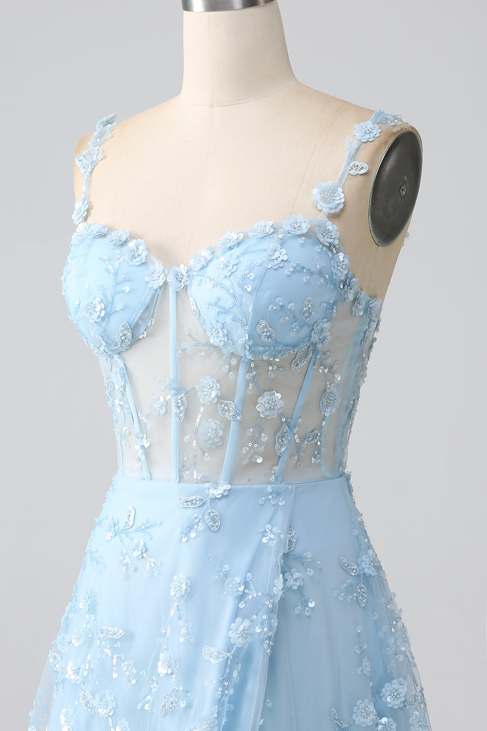 A-Linie V-Ausschnitt Spaghettiträger Pailletten Korsett Ballkleid mit Schlitz Blush
