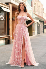 Zapaka Damen Blush Ballkleid A-Linie Spaghettiträger Korsett Abendpartykleid mit Schlitz