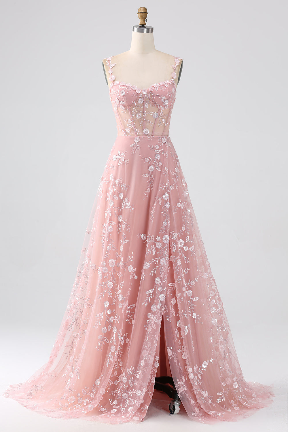 A-Linie V-Ausschnitt Spaghettiträger Pailletten Korsett Ballkleid mit Schlitz Blush