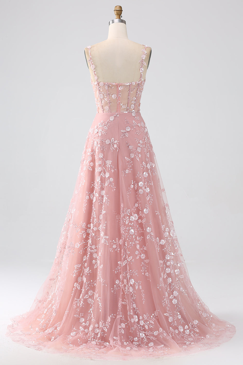 A-Linie V-Ausschnitt Spaghettiträger Pailletten Korsett Ballkleid mit Schlitz Blush