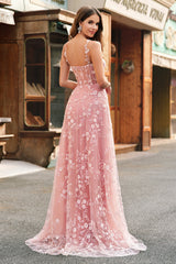 A-Linie V-Ausschnitt Spaghettiträger Pailletten Korsett Ballkleid mit Schlitz Blush