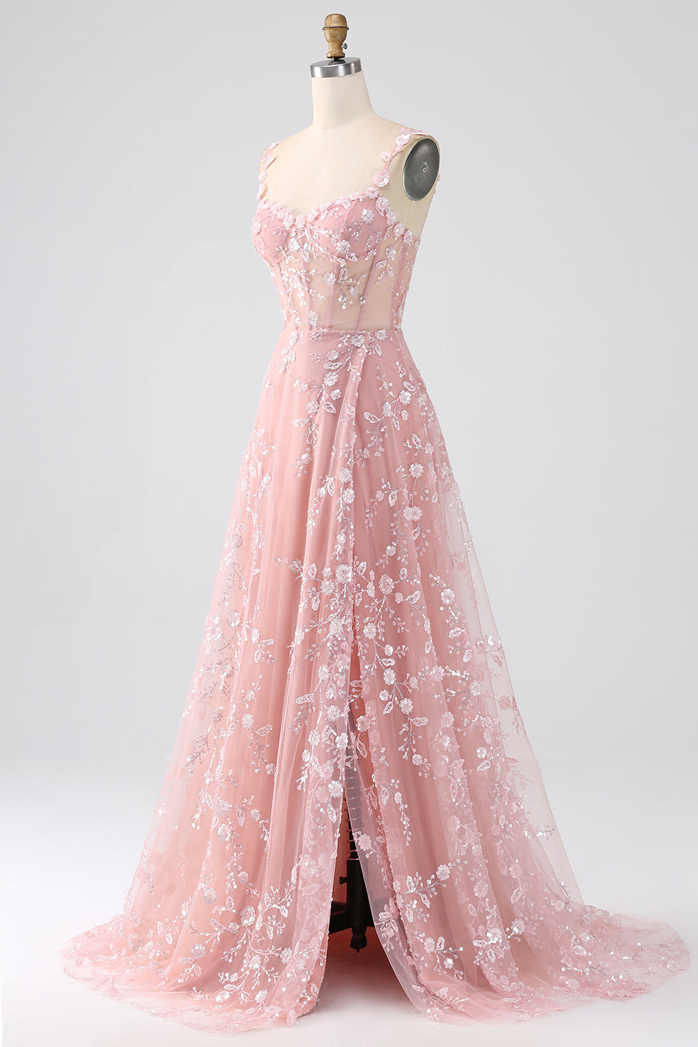 Funkelndes Blush A Linie Spaghettiträger Pailletten Korsett Ballkleid mit Schlitz