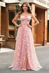 A-Linie V-Ausschnitt Spaghettiträger Pailletten Korsett Ballkleid mit Schlitz Blush