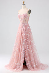 Funkelndes Blush A Linie Spaghettiträger Pailletten Korsett Ballkleid mit Schlitz