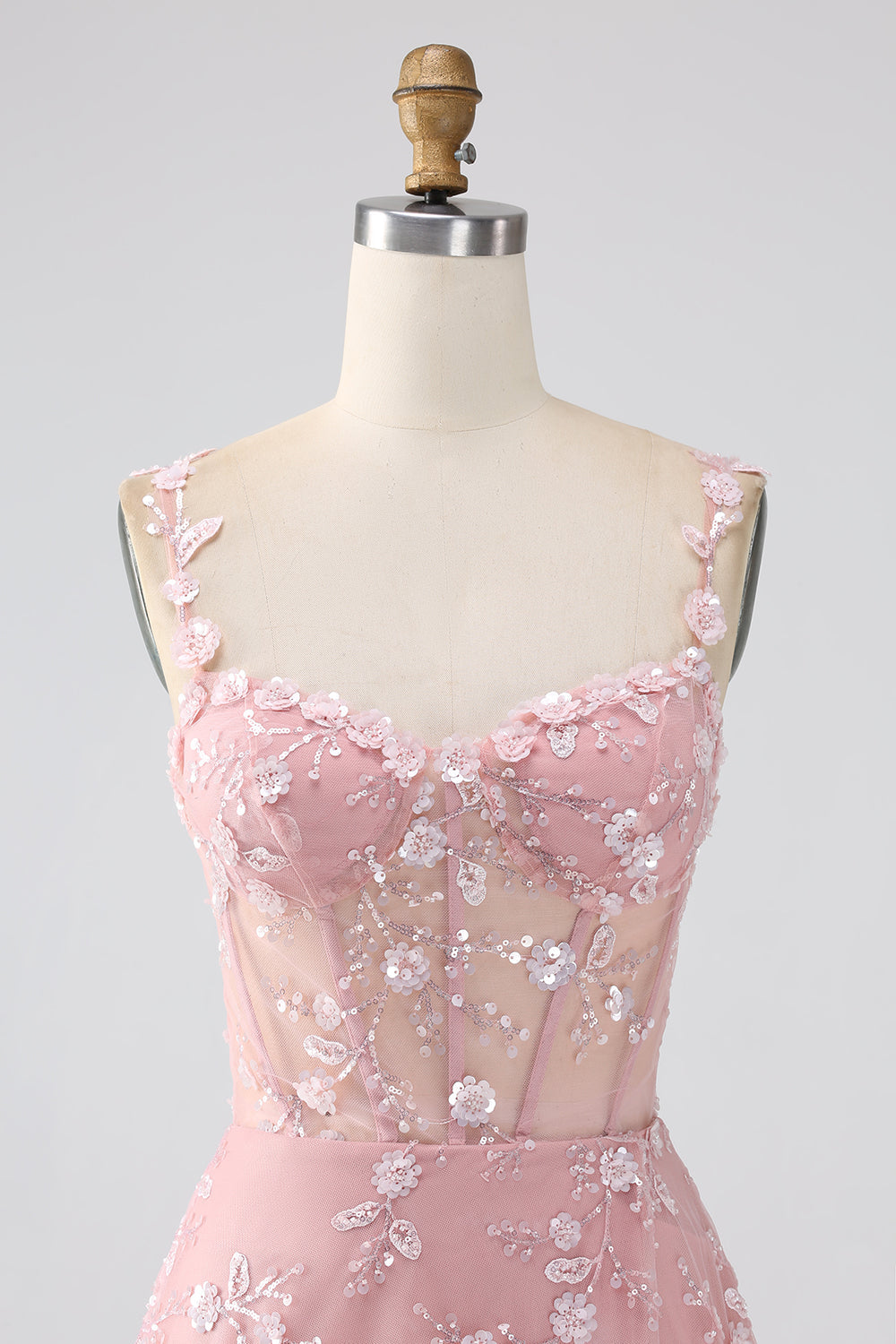 Funkelndes Blush A Linie Spaghettiträger Pailletten Korsett Ballkleid mit Schlitz