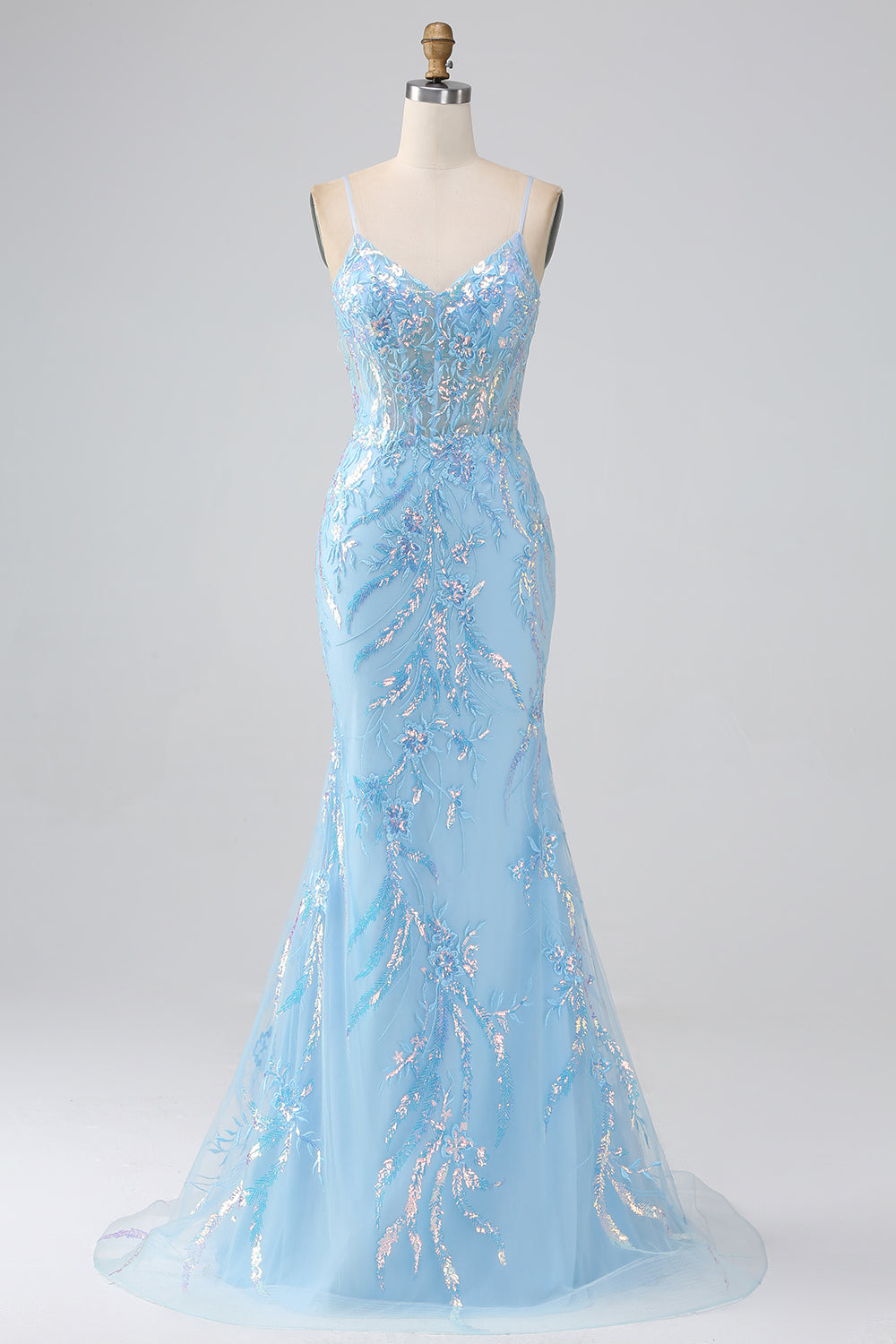 Zapaka Damen Funkelndes Hellblaues Ballkleid Meerjungfrau Spaghettiträger Langes Abendkleid mit Perlen