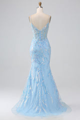Glitzerndes Hellblaues Meerjungfrauen Spaghettiträger Langes Ballkleid mit Perlen