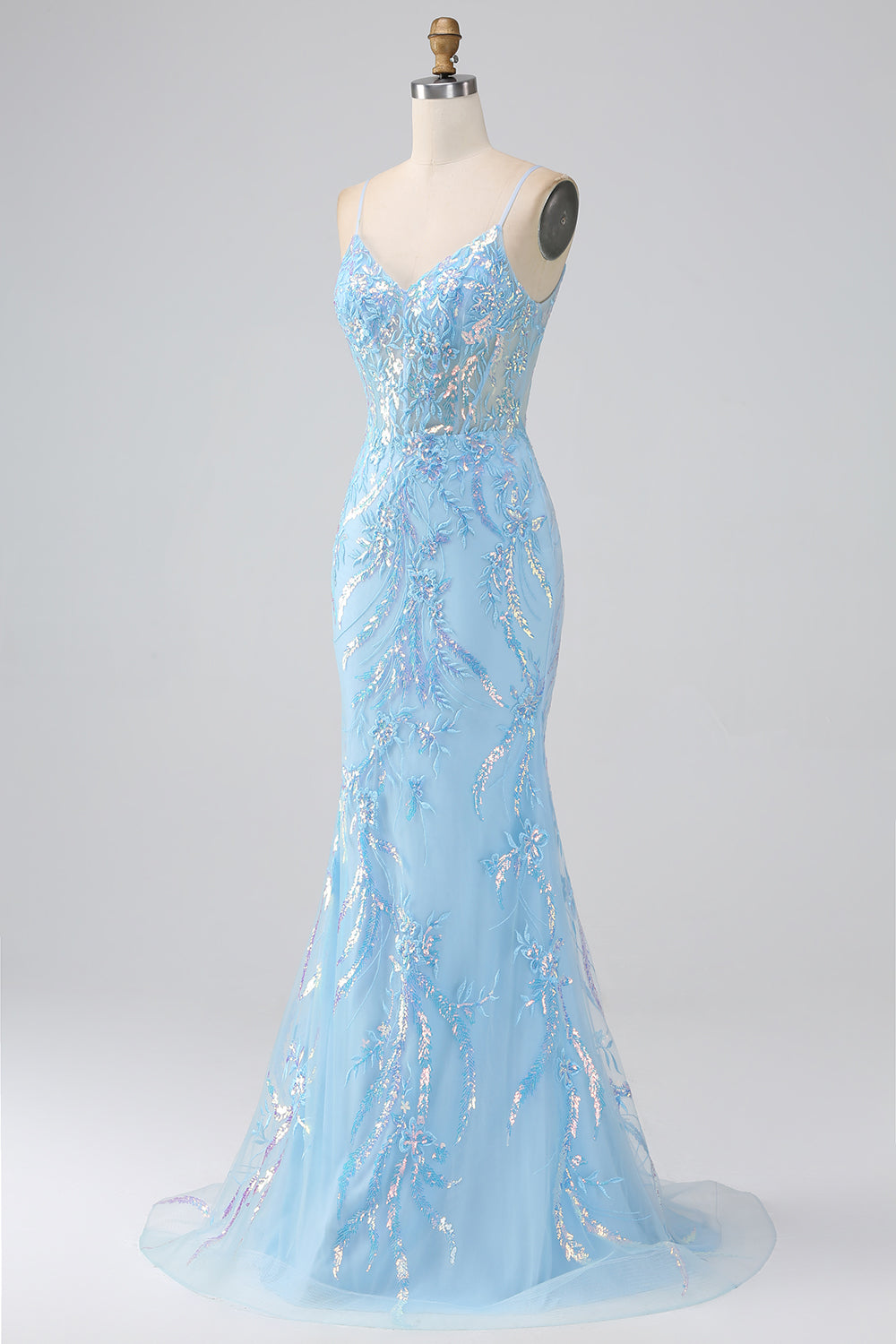 Glitzerndes Hellblaues Meerjungfrauen Spaghettiträger Langes Ballkleid mit Perlen