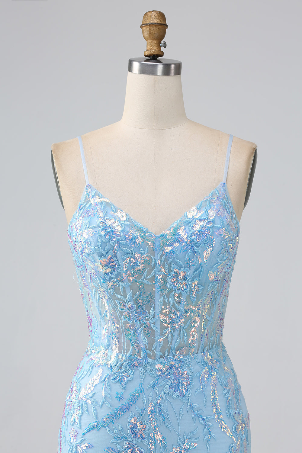 Glitzerndes Hellblaues Meerjungfrauen Spaghettiträger Langes Ballkleid mit Perlen