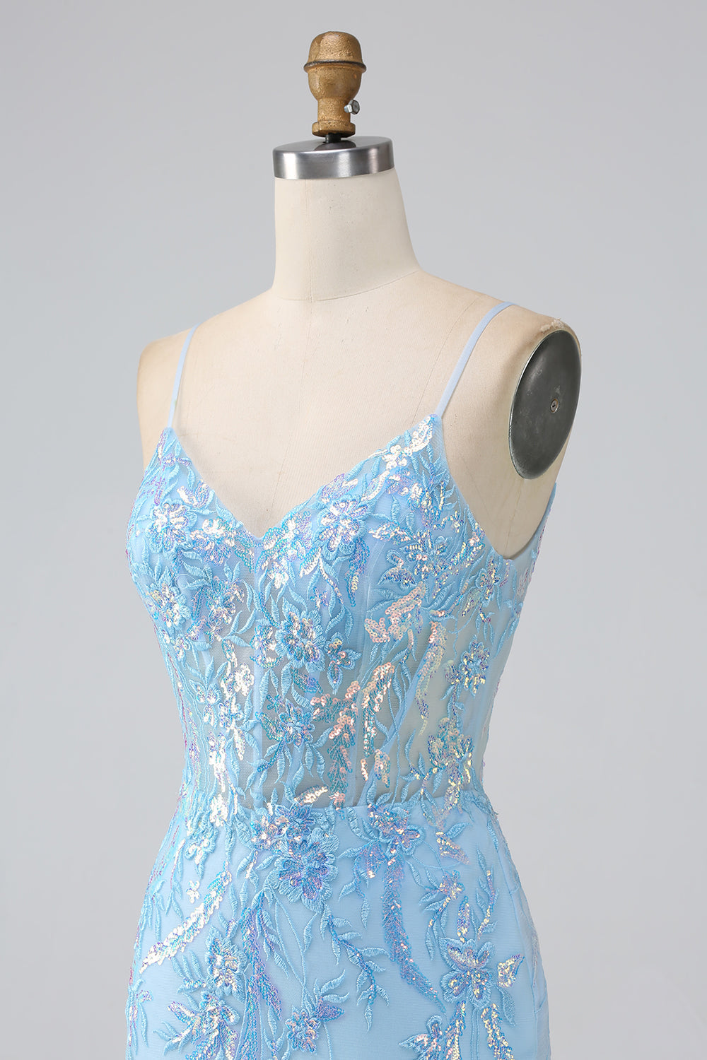 Glitzerndes Hellblaues Meerjungfrauen Spaghettiträger Langes Ballkleid mit Perlen