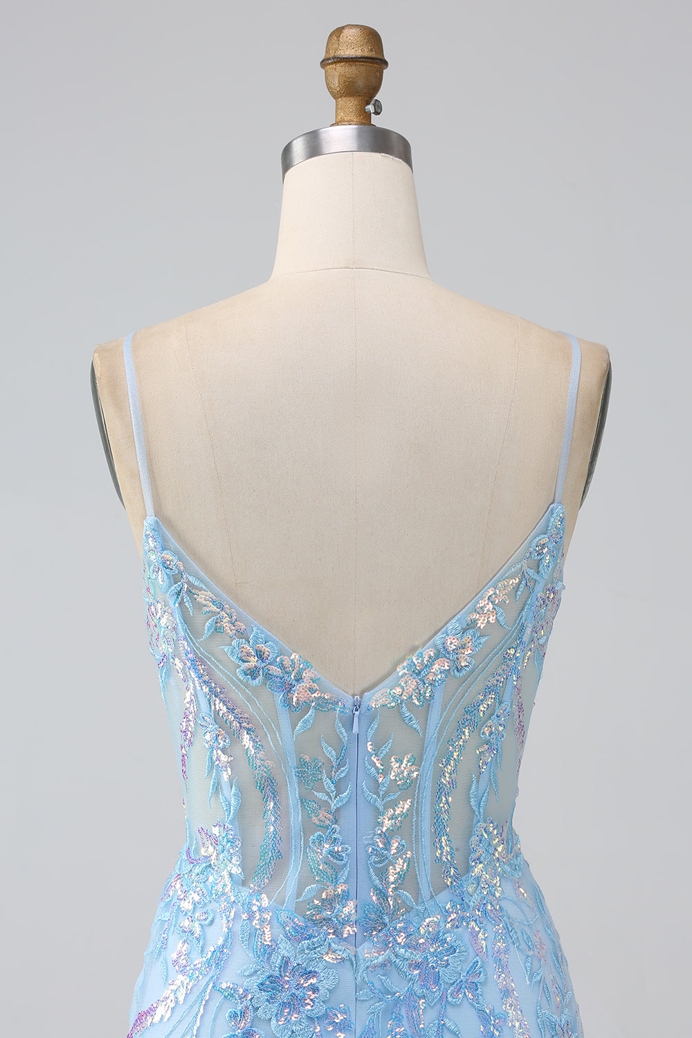 Glitzerndes Hellblaues Meerjungfrauen Spaghettiträger Langes Ballkleid mit Perlen