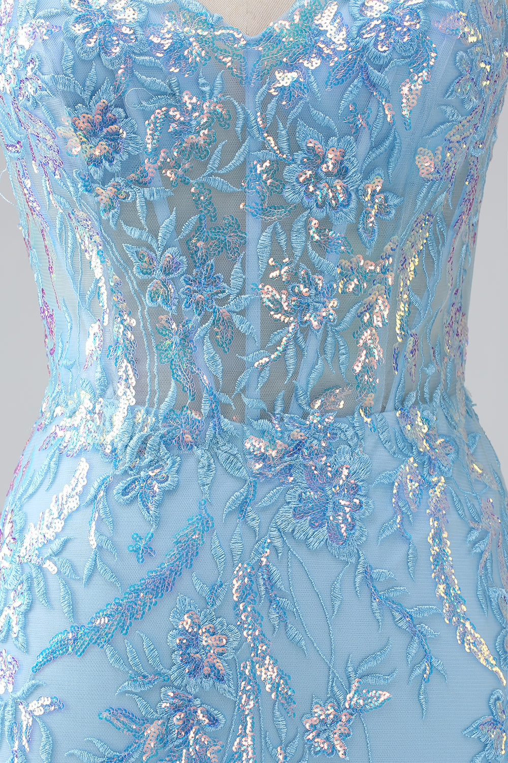 Glitzerndes Hellblaues Meerjungfrauen Spaghettiträger Langes Ballkleid mit Perlen